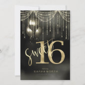 String Lights & Balloons Sweet 16 Black/Gold ID473 Kaart (Voorkant)