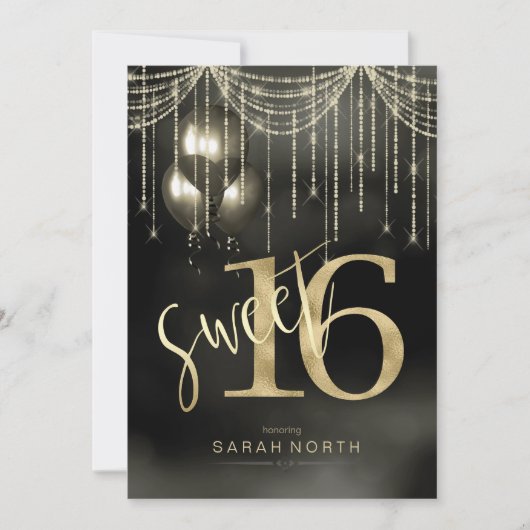 String Lights & Balloons Sweet 16 Black/Gold ID473 Kaart (Voorkant)