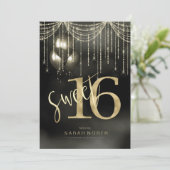 String Lights & Balloons Sweet 16 Black/Gold ID473 Kaart (Staand voorkant)