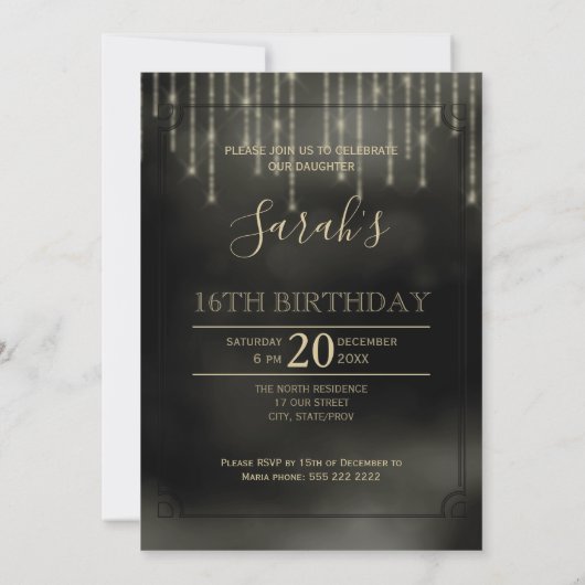 String Lights & Balloons Sweet 16 Black/Gold ID473 Kaart (Achterkant)