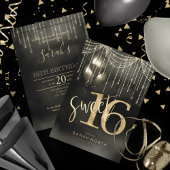String Lights & Balloons Sweet 16 Black/Gold ID473 Kaart