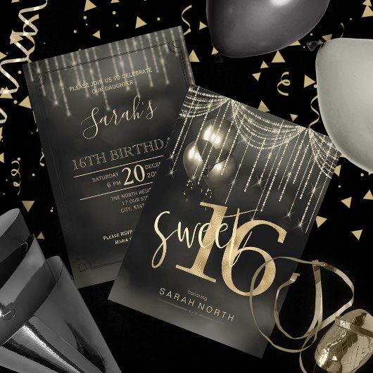 String Lights & Balloons Sweet 16 Black/Gold ID473 Kaart