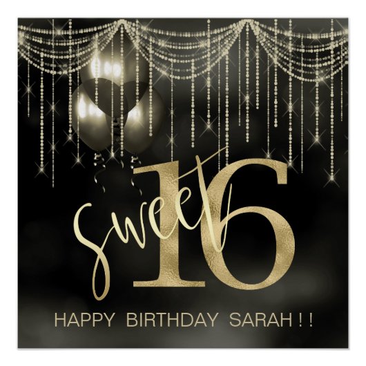 String Lights & Balloons Sweet 16 Black/Gold ID473 Perfect Poster (Voorkant)