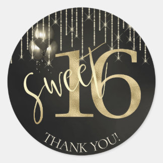 String Lights & Balloons Sweet 16 Black/Gold ID473 Ronde Sticker