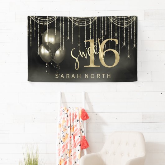 String Lights & Balloons Sweet 16 Black/Gold ID473 Spandoek (Insitu)