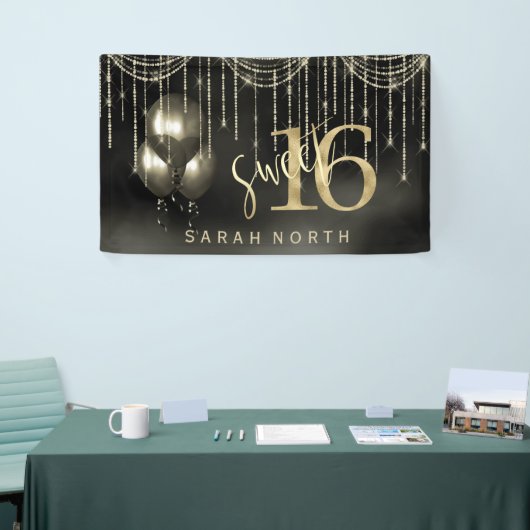 String Lights & Balloons Sweet 16 Black/Gold ID473 Spandoek (Beurs)