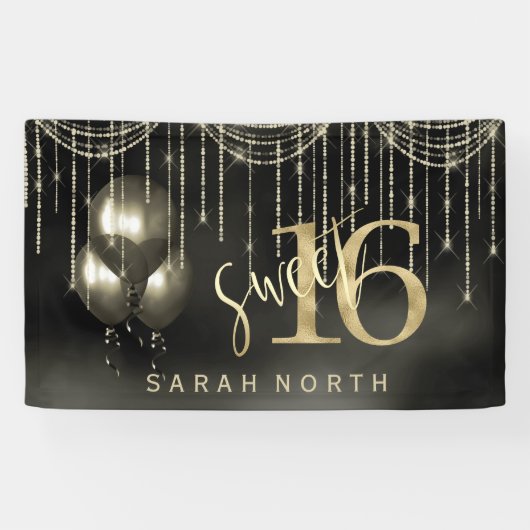 String Lights & Balloons Sweet 16 Black/Gold ID473 Spandoek (Horizontaal)