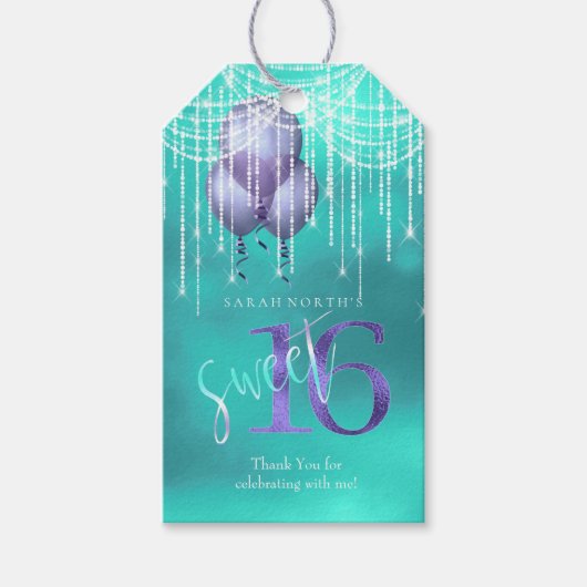 String Lights & Balloons Sweet 16 Blauwgroen ID473 Cadeaulabel (Voorkant)