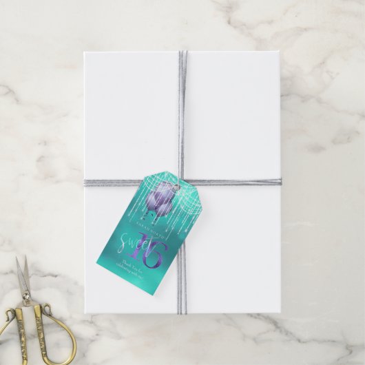 String Lights & Balloons Sweet 16 Blauwgroen ID473 Cadeaulabel (Met Touw)