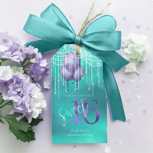 String Lights & Balloons Sweet 16 Blauwgroen ID473 Cadeaulabel