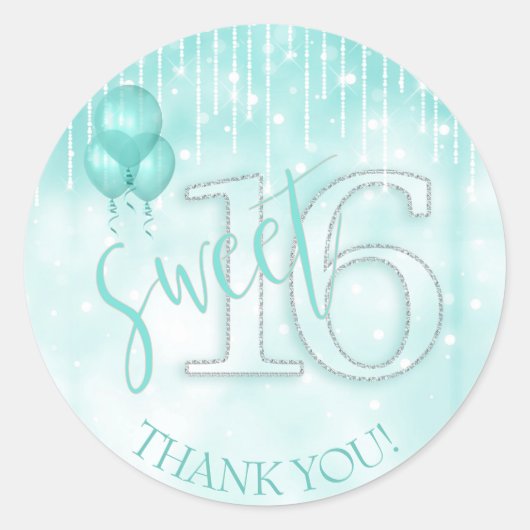 String Lights & Balloons Sweet 16 Blauwgroen ID473 Ronde Sticker (Voorkant)