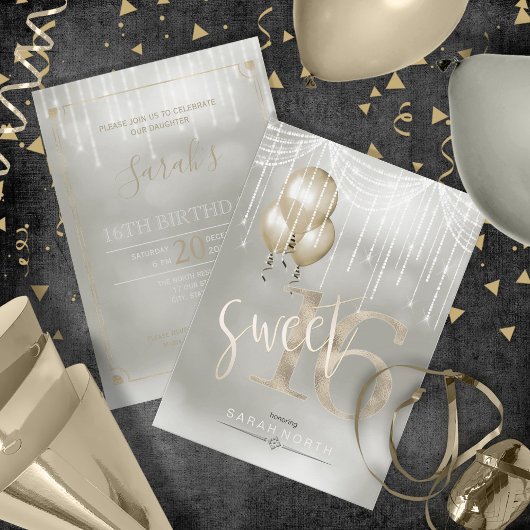 String Lights & Balloons Sweet 16 Champagne ID473 Kaart