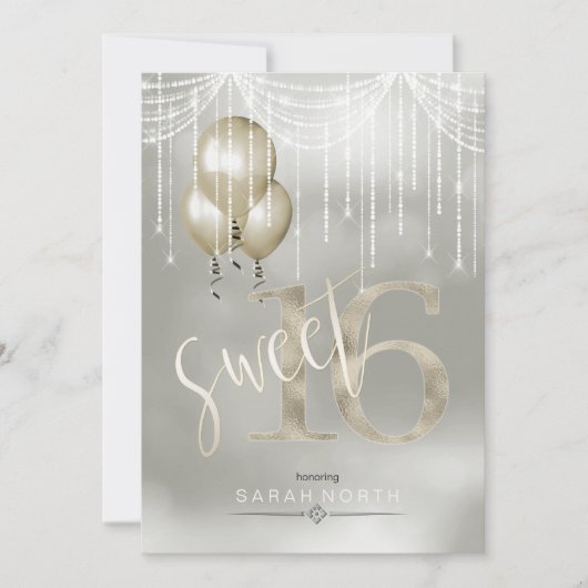 String Lights & Balloons Sweet 16 Champagne ID473 Kaart (Voorkant)