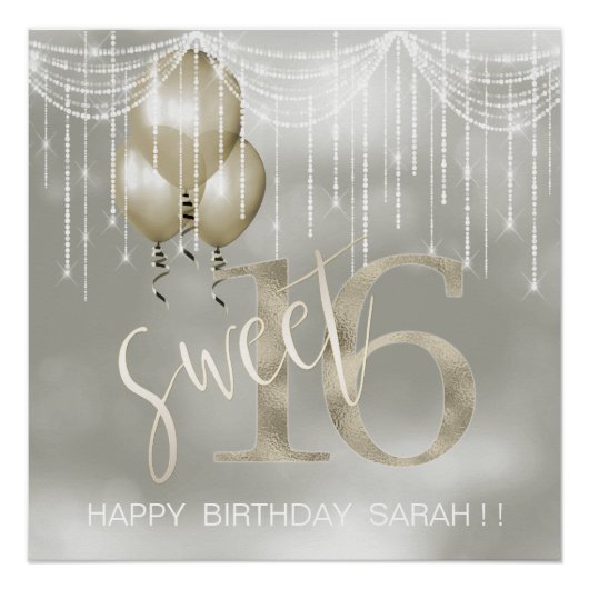 String Lights & Balloons Sweet 16 Champagne ID473 Poster (Voorkant)