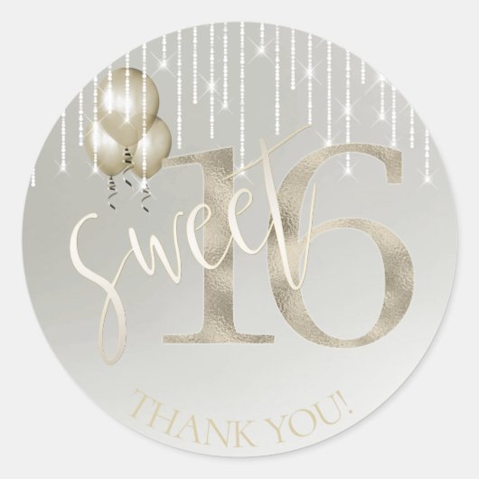 String Lights & Balloons Sweet 16 Champagne ID473 Ronde Sticker (Voorkant)