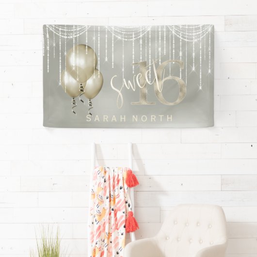 String Lights & Balloons Sweet 16 Champagne ID473 Spandoek (Insitu)