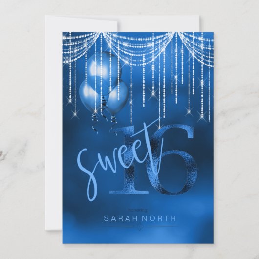 String Lights & Balloons Sweet 16 Dk Blue ID473 Kaart (Voorkant)