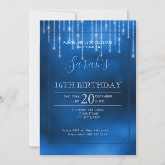 String Lights & Balloons Sweet 16 Dk Blue ID473 Kaart (Achterkant)