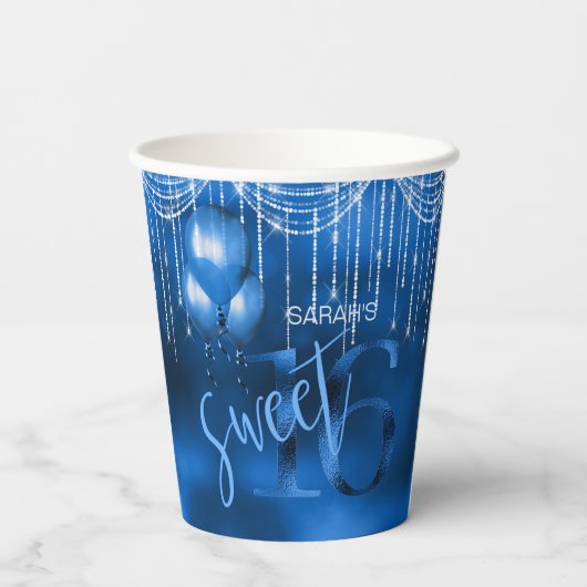 String Lights & Balloons Sweet 16 Dk Blue ID473 Papieren Bekers (Achterkant)