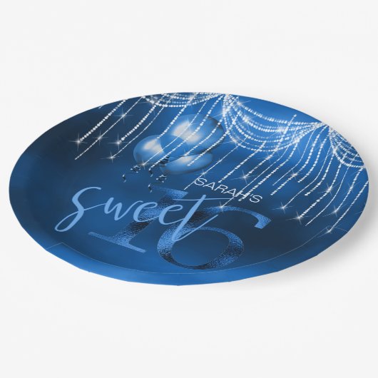 String Lights & Balloons Sweet 16 Dk Blue ID473 Papieren Bordje (Gekanteld)