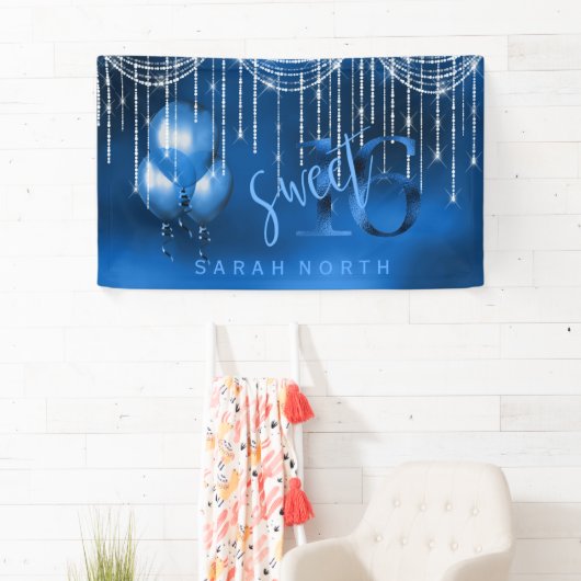 String Lights & Balloons Sweet 16 Dk Blue ID473 Spandoek (Insitu)