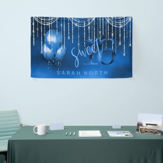 String Lights & Balloons Sweet 16 Dk Blue ID473 Spandoek (Beurs)