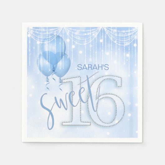 String Lights & Balloons Sweet 16 Lt. Blue ID473 Servetten (Voorkant)