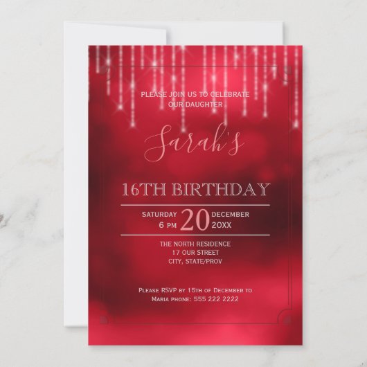 String Lights & Balloons Sweet 16 Red ID473 Kaart (Achterkant)