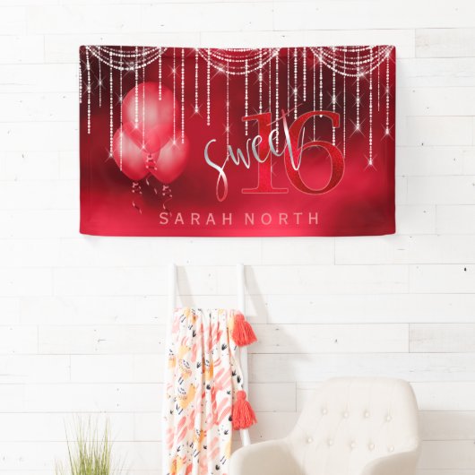String Lights & Balloons Sweet 16 Red ID473 Spandoek (Insitu)