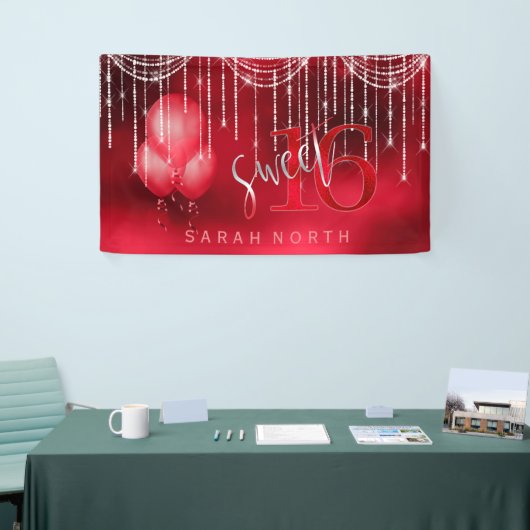 String Lights & Balloons Sweet 16 Red ID473 Spandoek (Beurs)