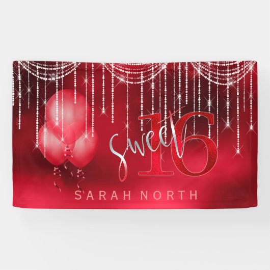 String Lights & Balloons Sweet 16 Red ID473 Spandoek (Horizontaal)