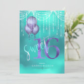 String Lights & Balloons Sweet 16 TealPurple ID473 Kaart (Staand voorkant)