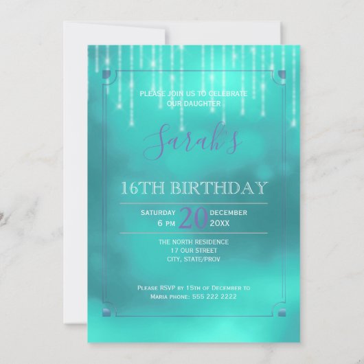 String Lights & Balloons Sweet 16 TealPurple ID473 Kaart (Achterkant)