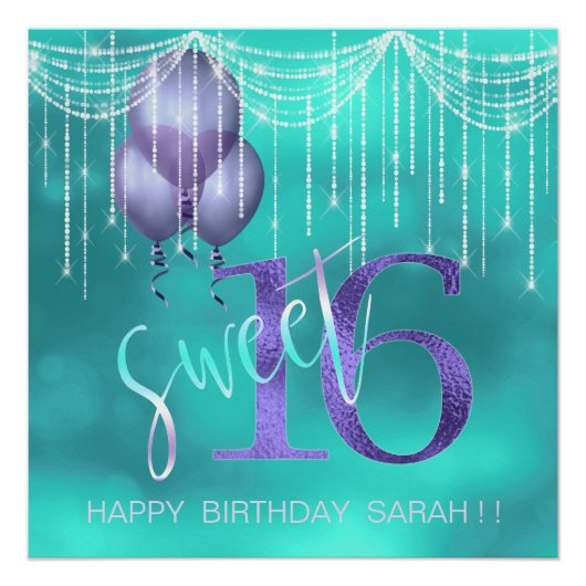 String Lights & Balloons Sweet 16 TealPurple ID473 Poster (Voorkant)