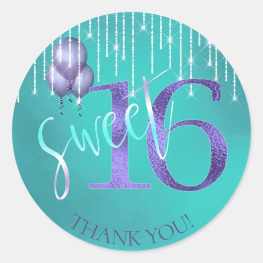 String Lights & Balloons Sweet 16 TealPurple ID473 Ronde Sticker (Voorkant)