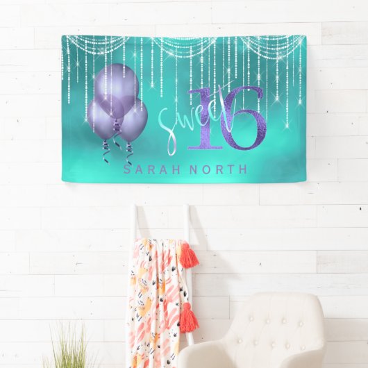 String Lights & Balloons Sweet 16 TealPurple ID473 Spandoek (Insitu)