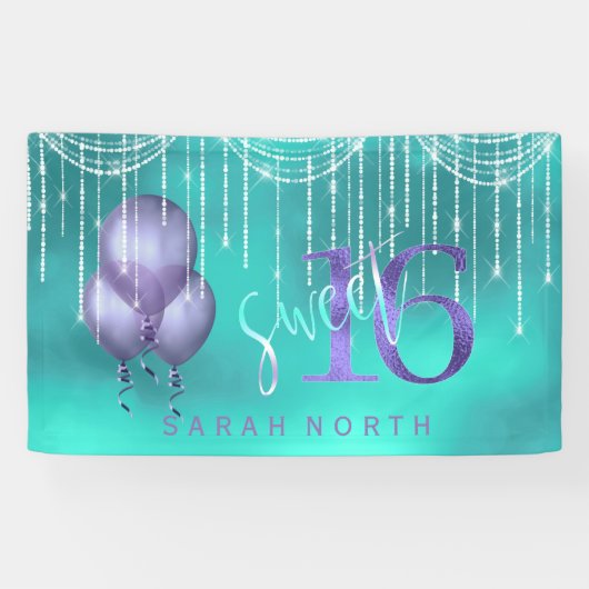 String Lights & Balloons Sweet 16 TealPurple ID473 Spandoek (Horizontaal)