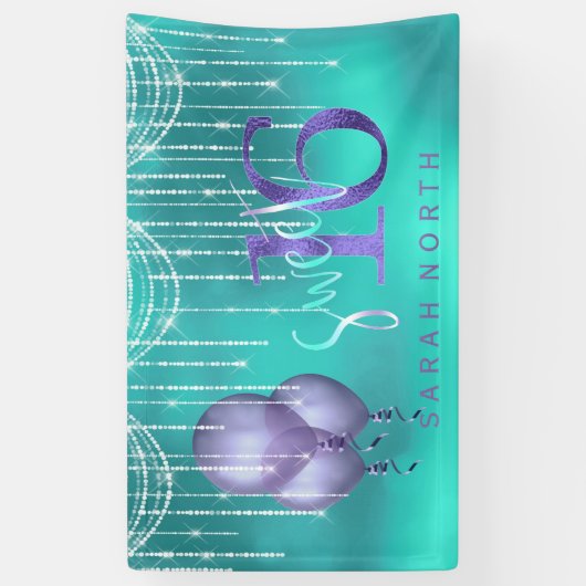 String Lights & Balloons Sweet 16 TealPurple ID473 Spandoek (Verticaal)