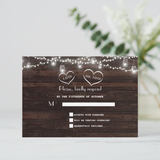 String Lights Barn Mason Jar BBQ Wedding RSVP Kaartje (Staand voorkant)
