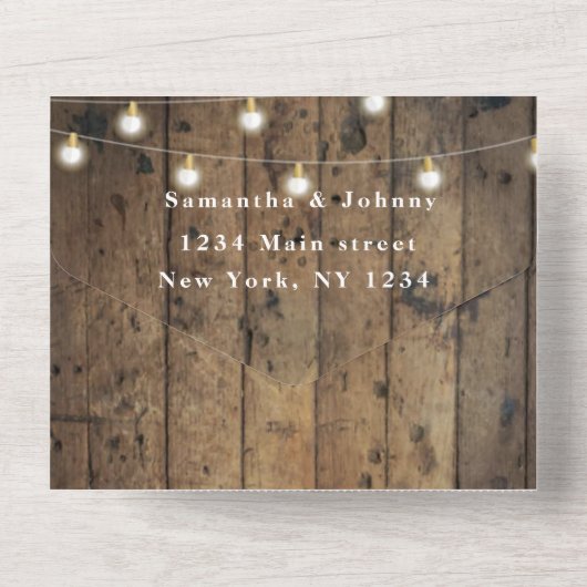 String Lights Barn Rustic Wood All In One Uitnodiging (Achterkant)