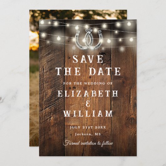 String Lights Barn Wood Photo Western Wedding  Save The Date (Voorkant / Achterkant)