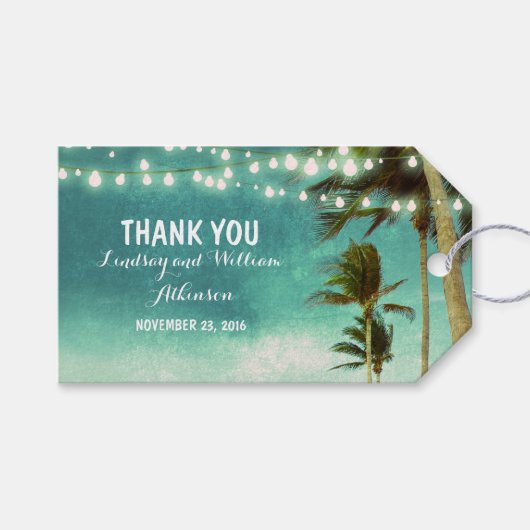 String Lights Beach Palms Ombre Blauwgroen bruilof Cadeaulabel (Voorkant (Horizontaal))