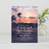 String Lights Beach Palms Sunset Wedding Kaart (Staand voorkant)