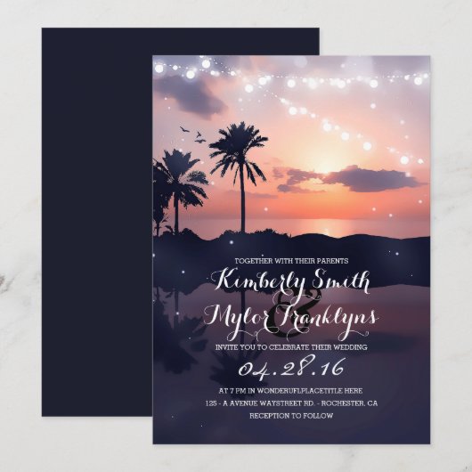 String Lights Beach Palms Sunset Wedding Kaart (Voorkant / Achterkant)