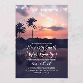 String Lights Beach Palms Sunset Wedding Kaart