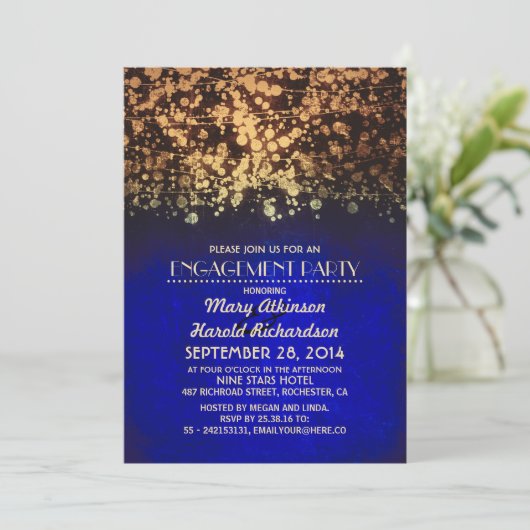 String Lights blauw en goud verlovingsfeest Kaart (Staand voorkant)