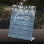 String Lights Blauw Hout Bruiloft Favorieten Tafel Reclamebord Met Voetstuk