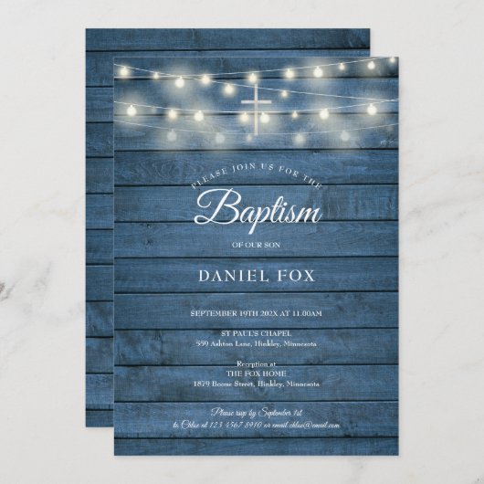 String Lights Blauw Hout Doop Doop Kaart (Voorkant / Achterkant)