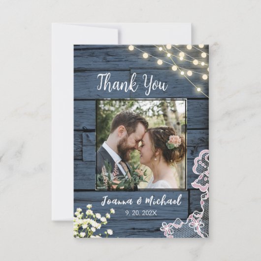 String Lights Blauw Hout & Kant Bruiloft Dank u Bedankkaart (Voorkant)
