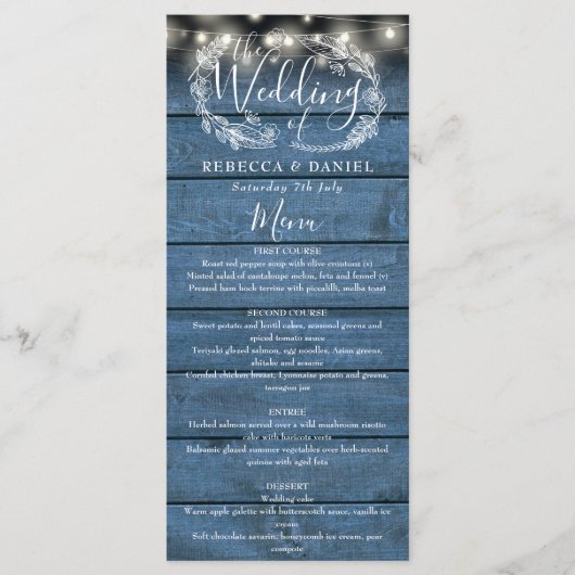 String Lights Blauw Rustiek Hout Bloemen Bruiloft Menu (Voorkant)